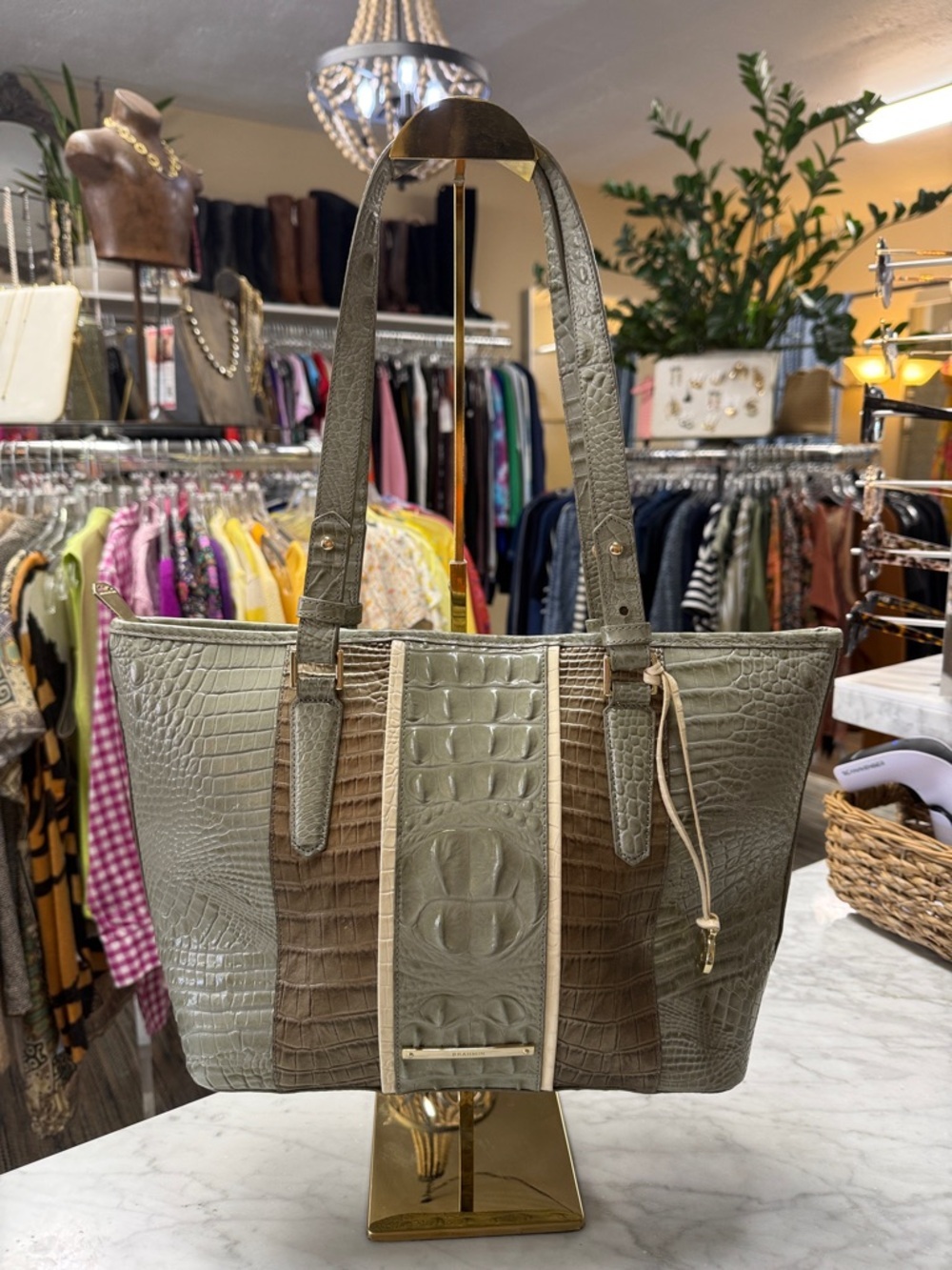 Brahmin Medium Asher Tote Embossed Croc Leather Sage and Tarama Two Tone